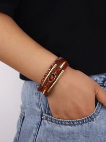 1pc Crystal Copper Tube Zirconia Green Multiple Colors Optional Artificial Leather Bracelet Women's Mother's Day Gift - Burgundy - View 2