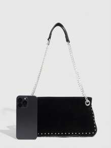 Y2k Crescent Hobo Bags Women 90s Studded Suede Underarm Crescent Shoulder Crossbody Purse Punk Tote Handbag Purses - Black - View 6