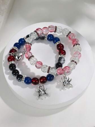 2Pcs/Set Blank Pink Beaded Bracelet With Spider Charm For Couple, Fashion Matching Jewelry Accessory, Perfect Valentine's Day Gift, All-Season Wear,Mom,Mother,Mother's Day,Gift