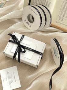 1cm Printed Polyester Ribbon, Gift Packaging Ribbon, Variety Of Flower & English Letter Printed Ribbons, Satin Ribbon For Mother's Day, Valentine's Day, Gift Wrapping And Decoration, Milky White - Black - View 6
