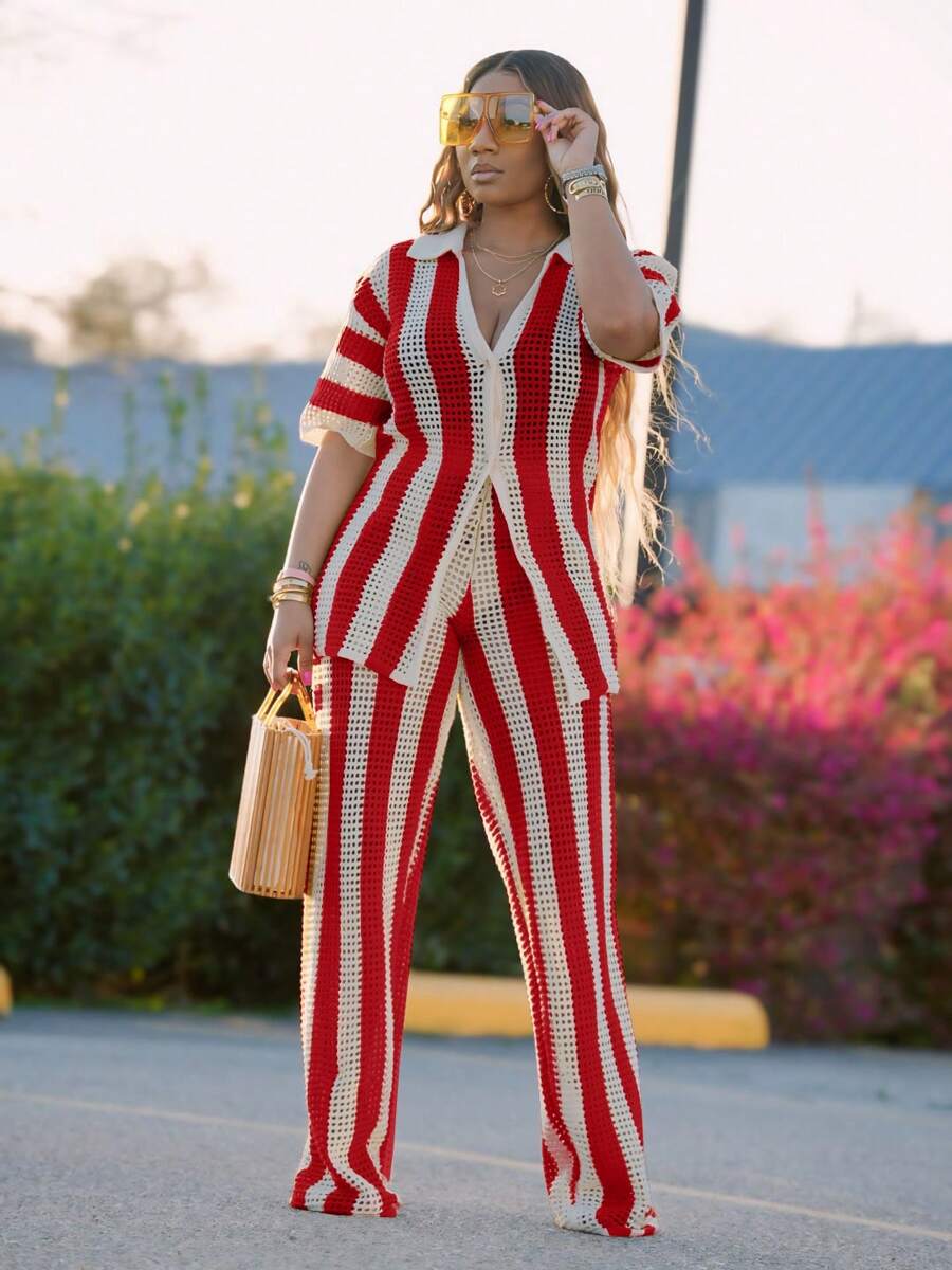 Fooullaide Women's Crochet Sets Two Piece Outfit Knit Hollow Out Color Block Button Down Shirts Matching Long Pants Beach Set - Red - View 1