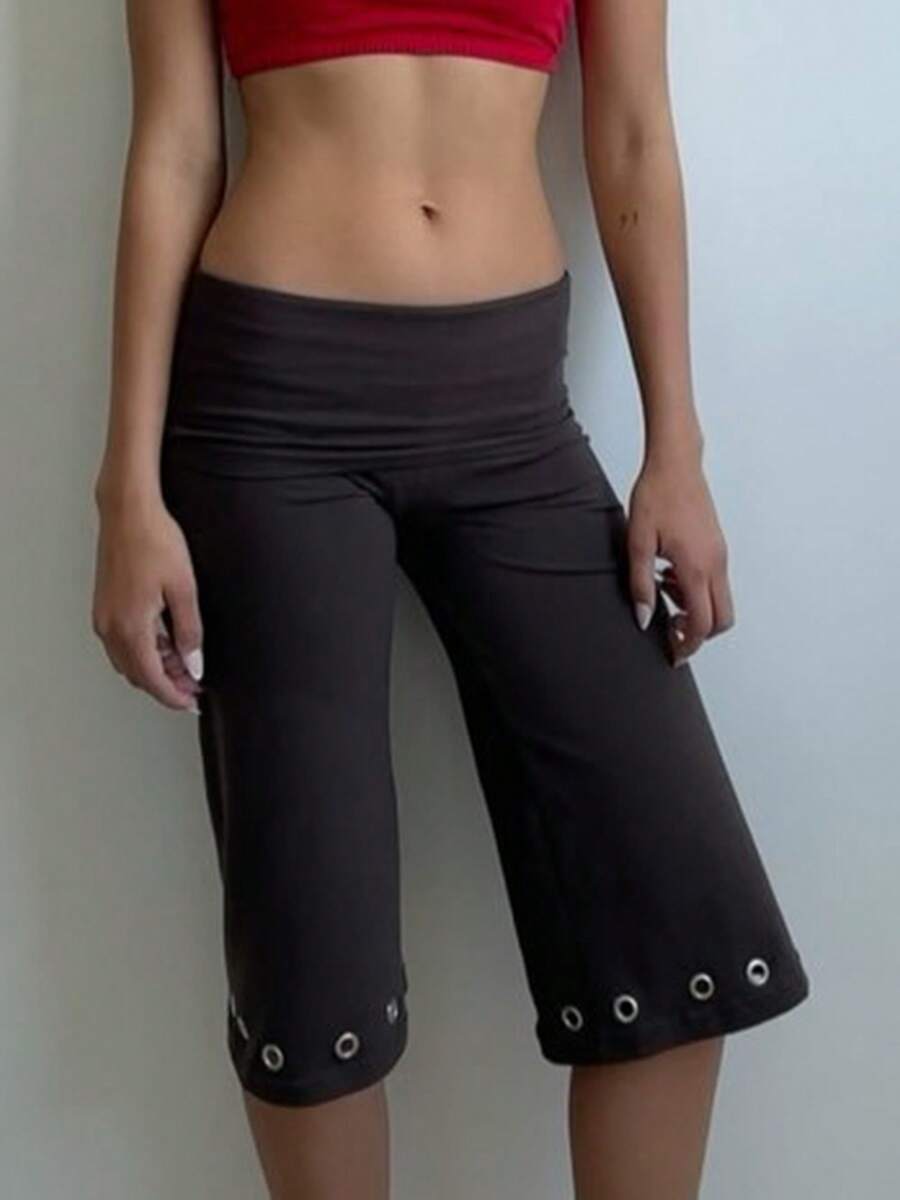Women Shorts, Summer Elastic Waist Solid Eyelets Casual Shorts Streetwear For Daily - 紅褐色 - 查看 1