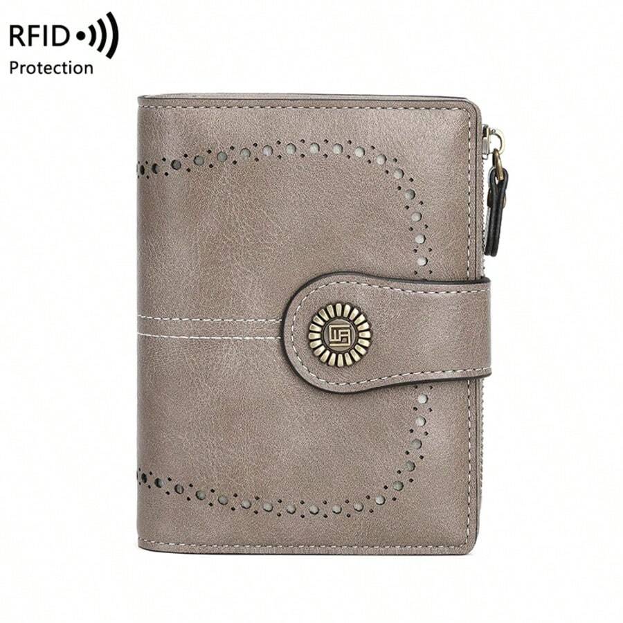 RFID Anti-Theft Retro Wallet For Women, Multi-Card Zipper, Zipper Buckle, Fashion Coin Wallet, Multi-Functional Short Wallet - Grey - View 1