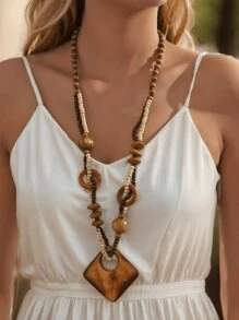 1 Stück Boho Holzperlen Quadratischer geschnitzter Blattanhänger Halskette, exquisite vintage handgefertigte gewebte Kokosnuss Rundperlen lange Ketten Halskette, luxuriöser Schmuck geeignet für elegante Damen, Mädchen, Party, Strand, Urlaub, Zusammenkünfte