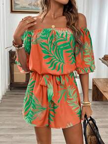 Women's Open Shoulder Tropical Print Ruffled One-Piece Romper For Casual/Holiday