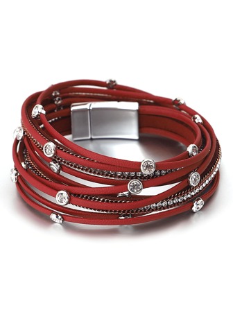 1 pieza Pulsera de cordón de cuero PU con hebilla redonda, con diseño de tachuelas de rhinestone de varias capas, para mujer. Regalo para mamá, Navidad, Acción de Gracias, Halloween, boda, rave/baile de graduación/fiesta/diario/playa. Accesorio de regalo para aniversario, Día de San Valentín, joyería bohemia, cumpleaños, regalos para damas de honor.