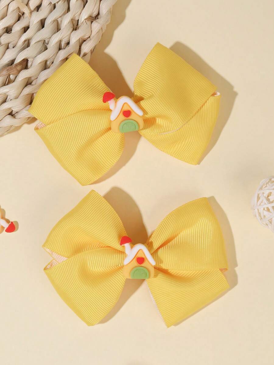 2pcs/Pack Cute Yellow Tiny House Decor Bow Hair Clips, Girls Hair Accessories
