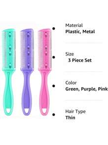 3件套剃须刀梳子套装，理发剪梳，双刃剃刀，头发打薄梳，长款精细造型工具（绿色、紫色、粉色），美发造型工具及发饰