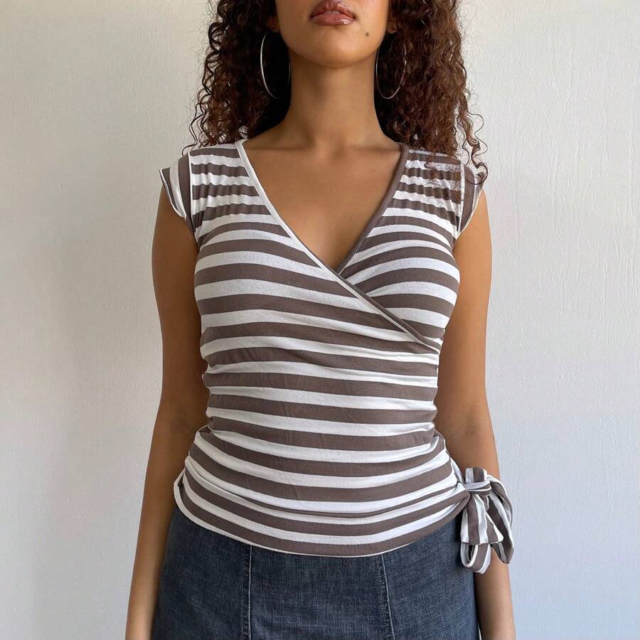 Women's Vintage Polka Dots Peter Pan Collar V Neck Short Sleeve Shirts Summer Casual Sheer Sim Fitted Blouse Tee Tops - 棕色 - 查看 1