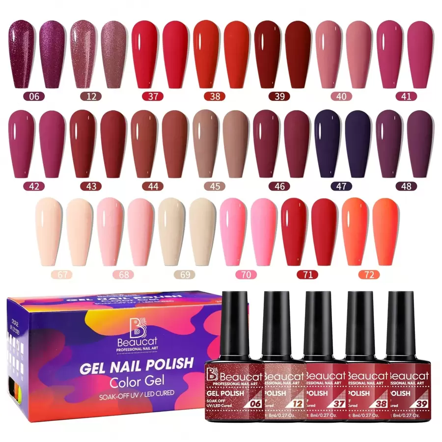 Beaucat 20 Colors Semi Permanent Nail Polish Set Soak Off LED Gel Nail Kit Salon Manicure At Home Nail Art Gifts For Women Girls - Red - View 1