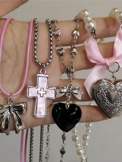 1pc Gothic Cute Y2k Aesthetic Bow Pendant Beaded Necklace Girls Women Necklace Cool Accessories