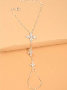 1pc Minimalist Silver Flower Finger & Hand Chain Bracelet With Rhinestones, Elegant Jewelry For Women