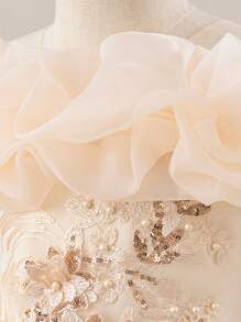 Girls Flower Embroidery One Shoulder Wedding Flower Girl Long Dress - Champagne - View 7