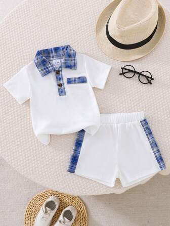 2 件装男婴格子领拼接 T 恤和松紧腰休闲短裤套装，春夏
