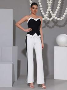 Modphy 2pcs Women 2 Pieces Set: Elegant Color Block Strapless High Waist Top & Straight Leg Pants, Bodycon Outfit - Black and White - View 3