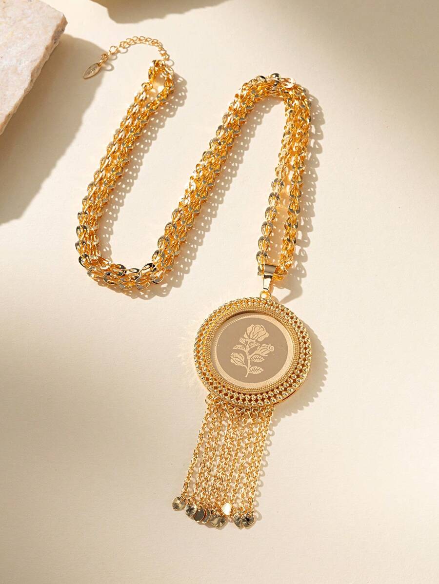 Herseygold 1 件铜镀金流苏吊坠项链，带大马士革玫瑰复古印花，女士阿拉伯新娘珠宝，婚礼和节日奢华礼物 - 金色 - 查看 1