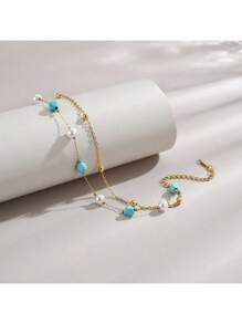1pc Natural Stone Stainless Steel Anklet For Women, Summer Beach Foot Jewelry (Note: Asymmetrical Stones, Varied Stone Sizes, Color Differences, Handmade Chain Lengths May Vary)