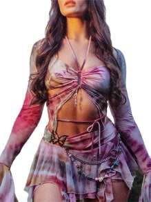 Women Y2k Butterfly Outfit 3 Piece Backless Long Sleeve Crop Top Mini Skirt Sets Rave Festival Fairy Streetwear Fairycore Beach Club - 紫色 - 查看 1