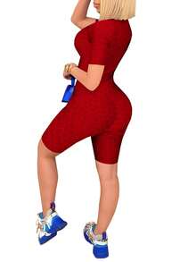 Women Solid Color Zip-Up Romper, Slim Fit Short Sleeve Stand-Up Collar Jumpsuit For Summer