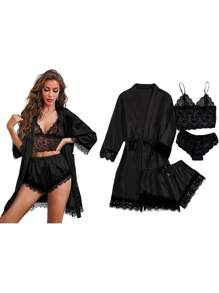 4 Piezas Pijamas de Satén Mujer,Juego de Pijama clásico,Ropa de Dormir Sexy con Bata Pijamas de Satén Mujer - Azul oscuro - Ver 7