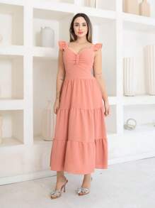 Vitoria Duna Midi Dress Plain Gathered With Ruffle On The Sleeve - 乾枯玫瑰色 - 查看 2