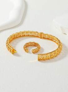 1 套复古景泰蓝镂空十字交叉图案手镯和戒指套装，女士奢华婚礼配饰 - 金色 - 查看 3