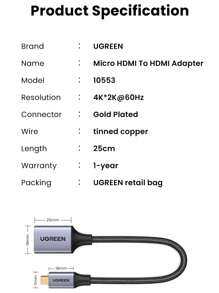 UGREEN 0.22M Micro HDMI To HDMI Cable Male To Female Micro HDMI Adapter Support 4K 60Hz 3D 1080P Ethernet Audio Return For GoPro Hero 6 Hero 5 Black, Nexus 10 Tablet, ASUS Zenbook Laptop, Camera-Intl - Grey - View 9