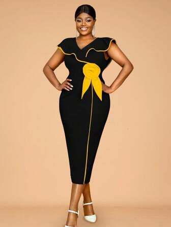 Plus Size Spring Bodycon Cape Sleeves Color Block White 3D Flower Elegant Party Birthday Wedding Dresses For Women