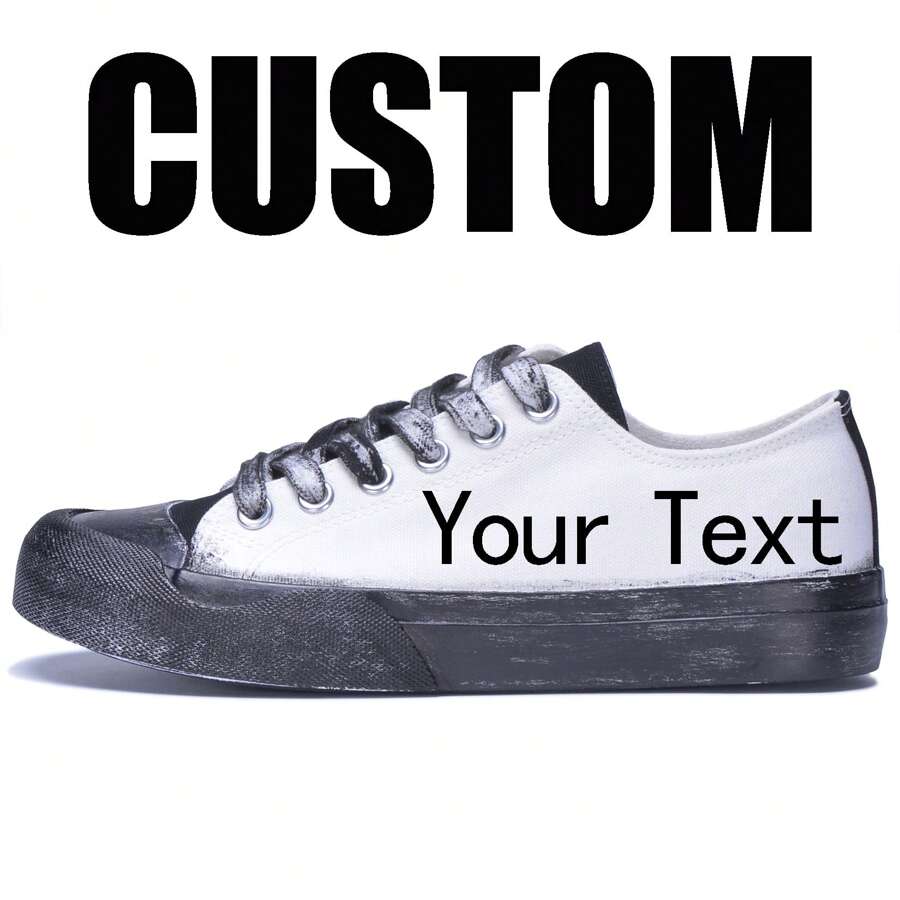 定制个性化文字/姓名/日期/字母印花低帮帆布涂鸦运动鞋，宽幅休闲系带滑板鞋，男女通用，适合结婚纪念日/婚礼/万圣节/圣诞节/新年/感恩节个性化礼物/生日礼物 - 白色 - 查看 1