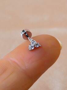 1pc Elegant Minimalist Earring, 18K Gold Plated Stainless Steel & Cubic Zirconia Clover Design, Petite & Versatile For Daily Wear, Suitable For Men & Women. Can Be Worn On Cartilage, Helix, Tragus, Inner Conch, Inner Rim, Lobe And Other Ear Piercings. Flat Back Design, Fashion & Unisex. Cubic Zirconia Material, Silver Color, Flat Back Earring, Nose Stud, Screw Back, Suitable For Inner Rim And Various Ear Piercings. - A Round Three-leaf CZ Earrings - View 8