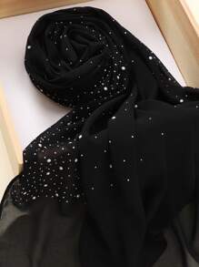 1pc Heavily Embellished Chiffon Rhinestone Hijab Scarf For Abaya - Dusty Pink - View 15