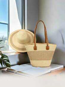 Set de 2 piezas para mujer de sombrero de paja estilo rayado y bolso tipo tote para viajes y uso al aire libre. Sombrero de ala ancha de protección UV para el verano y bolso de hombro espacioso