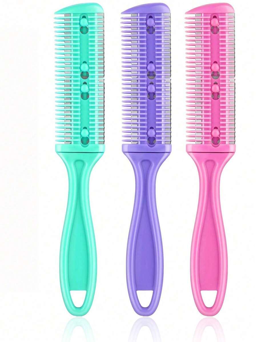 3件套剃须刀梳子套装，理发剪梳，双刃剃刀，头发打薄梳，长款精细造型工具（绿色、紫色、粉色），美发造型工具及发饰