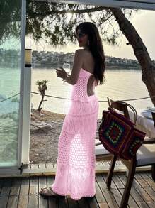 FOR BEAUTY Women 2 Pieces Outfits Set For Spring And Summer, Pink Lace Up Hanging Collar, Backless Knitted Vest Top&Hip Hugging Skirt, Hollowed Out Elegant, Music Festival,Honeymoon Wedding Season Vacation Style, Thin Sweater Fashion Women's Sets - Pink - View 2