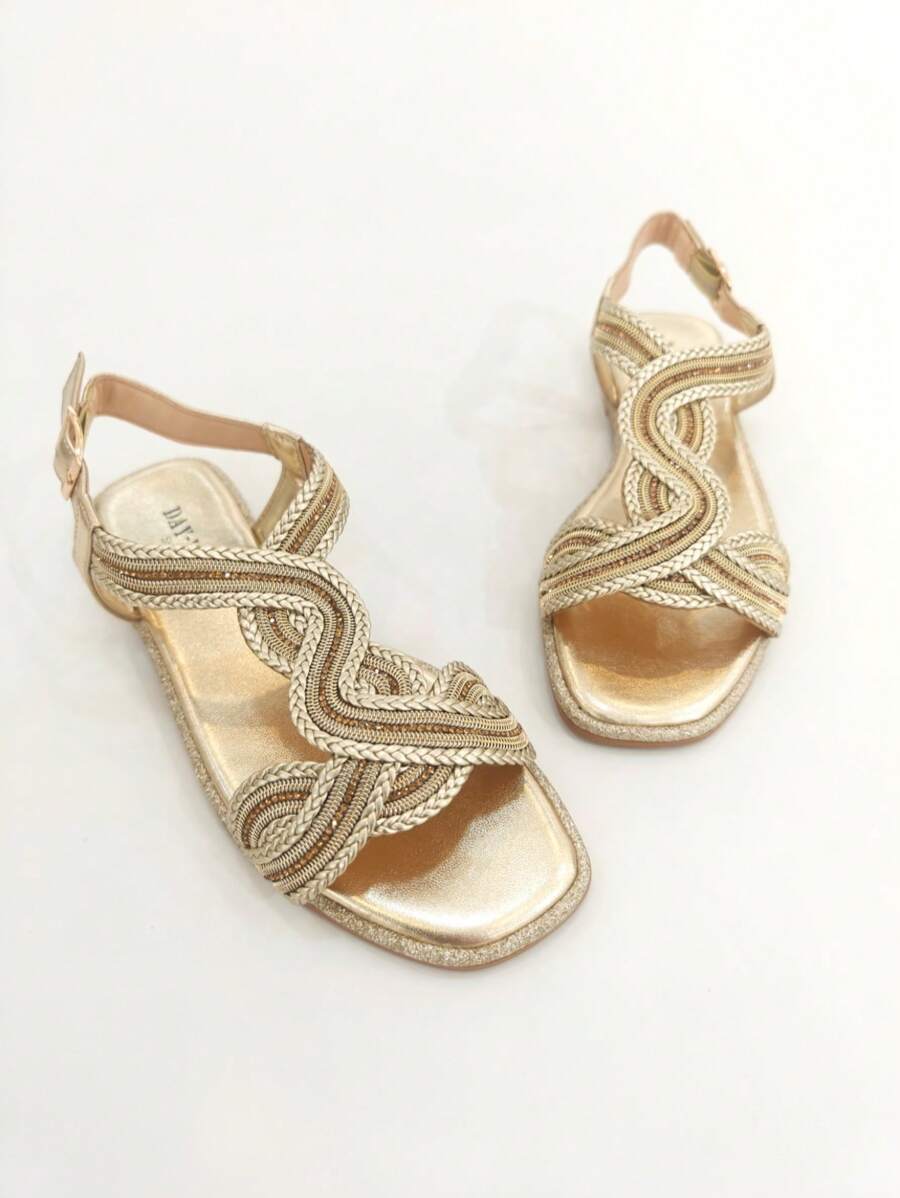 REVREAL Women's Black Braided Flat Sandals Stylish Sandals Summer Sandals For Women - Gold - View 1