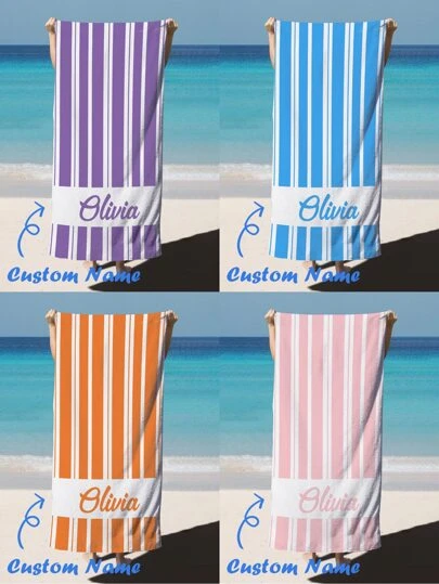 1PC Personalized Custom Beach Towel With Text Design, Customized With Your Name. Perfect For Use On The Beach, By The Poolside, And During Beach Vacations. This Multifunctional Beach Towel Is Ideal For Outdoor Beach Activities, Travel, And Provides Comfort When Lounging, Sunbathing, And Relaxing. A Unique Gift For Her, Him, Mother, Father, Boyfriend