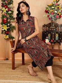 Women's Floral Print Side Slit Sleeveless Kurti Top - Multicolor - View 3