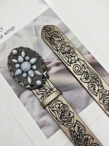 1 件白色女孩宝石装饰风印花时尚 PU 皮革宽腰带，适合牛仔裤和连衣裙可爱百搭的生日礼物 - 駝色 - 查看 4