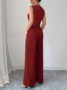 Women's 2Pcs Red Date Night Front Buckle V-Shaped Hem Solid Button Front Vest Jacket & Seam Front Pants Two Pieces Set, Suitable For Spring/Summer Office Lady - Red - View 4