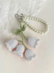 1pc Handmade Crochet Lily Of The Valley Keychain With Pearl Chain, Boho Style Bag Charm, Decorative Pendant For Backpacks Or Bags, Unique Birthday Gift Or Party Favor, 22cm (8.66 Inches) Length, Floral Design In Pastel Colors, Crochet Flowers - Multicolor - View 5