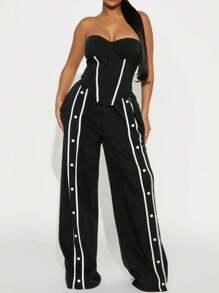 Women 2Pcs Fall/Summer Casual Form-Fitting Zip-Up Tube Top And Drawstring Elastic Waist Straight Leg Pants Set, Festival Concert Women Rave Outfits - Black - View 3