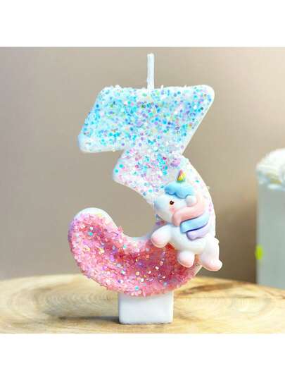 1pc Colorful Unicorn Candle, Blue & Pink Digital Glitter Candle, 0-9 Years Old Birthday Digital Candle, Suitable For Birthday Party Cake Decoration, Unicorn Theme Cake Decoration Candle, Handmade, Slightly Different Glitter Placement