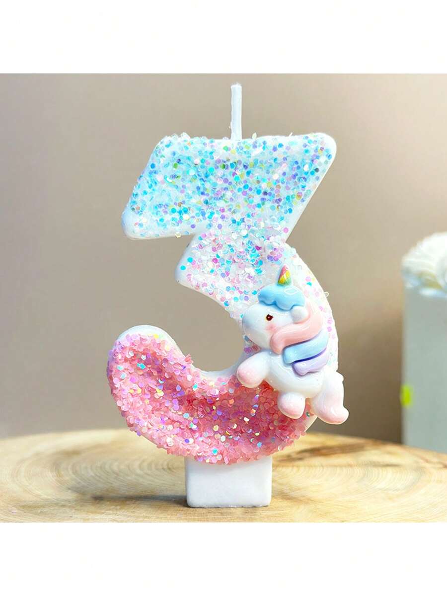 1 bunter Einhorn Kerze, blaue rosa digitale Kerze mit Pailletten, digitale 0-9 Geburtstagkerzen, geeignet für Geburtstagskuchen Dekoration, geeignet für Einhorn Themen Kuchendekorationskerzen, reine handgemachte DIY Kuchendekoration, die Position der kleinen Pailletten ist leicht unterschiedlich