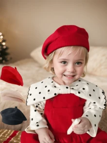 1pc Tri-Color Knit Beanie Hat For Toddlers/Children - Solid Color Beret - View 2