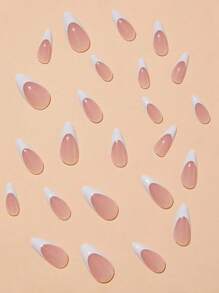 24 pièces Ongles de French manucure blancs minimalistes en forme d'amande de longueur moyenne, à poser, convient aux femmes et aux filles