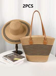 Set de 2 piezas para mujer de sombrero de paja estilo rayado y bolso tipo tote para viajes y uso al aire libre. Sombrero de ala ancha de protección UV para el verano y bolso de hombro espacioso