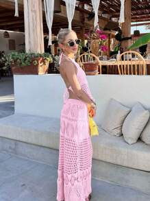 FOR BEAUTY Women 2 Pieces Outfits Set For Spring And Summer, Pink Lace Up Hanging Collar, Backless Knitted Vest Top&Hip Hugging Skirt, Hollowed Out Elegant, Music Festival,Honeymoon Wedding Season Vacation Style, Thin Sweater Fashion Women's Sets - Pink - View 5