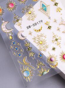 5D Metallic Bohemian Embossed Nail Stickers 2pcs Iridescent Gold Sun Gemstone Graphic Lace Enamel Necklace Moon Design DIY Holographic Engraving Self-Adhesive Gel Polish Decals Sliders Nail Art Decoration Salon Manicure Nail Supplies