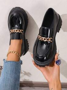 Women's 2024 Spring Autumn New Casual Loafers, British Style Thick-Soled Chain Decor Flat Shoes PU Loafers Non-Slip Wear-Resistant Fashionable Mary Jane Shoes - Black Chain - View 2