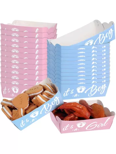 10/20 件纸质食物船，一次性派对用品性别揭示托盘，男孩女孩设计，热狗，玉米片，爆米花，烧烤，野餐食物托盘（粉色，蓝色）